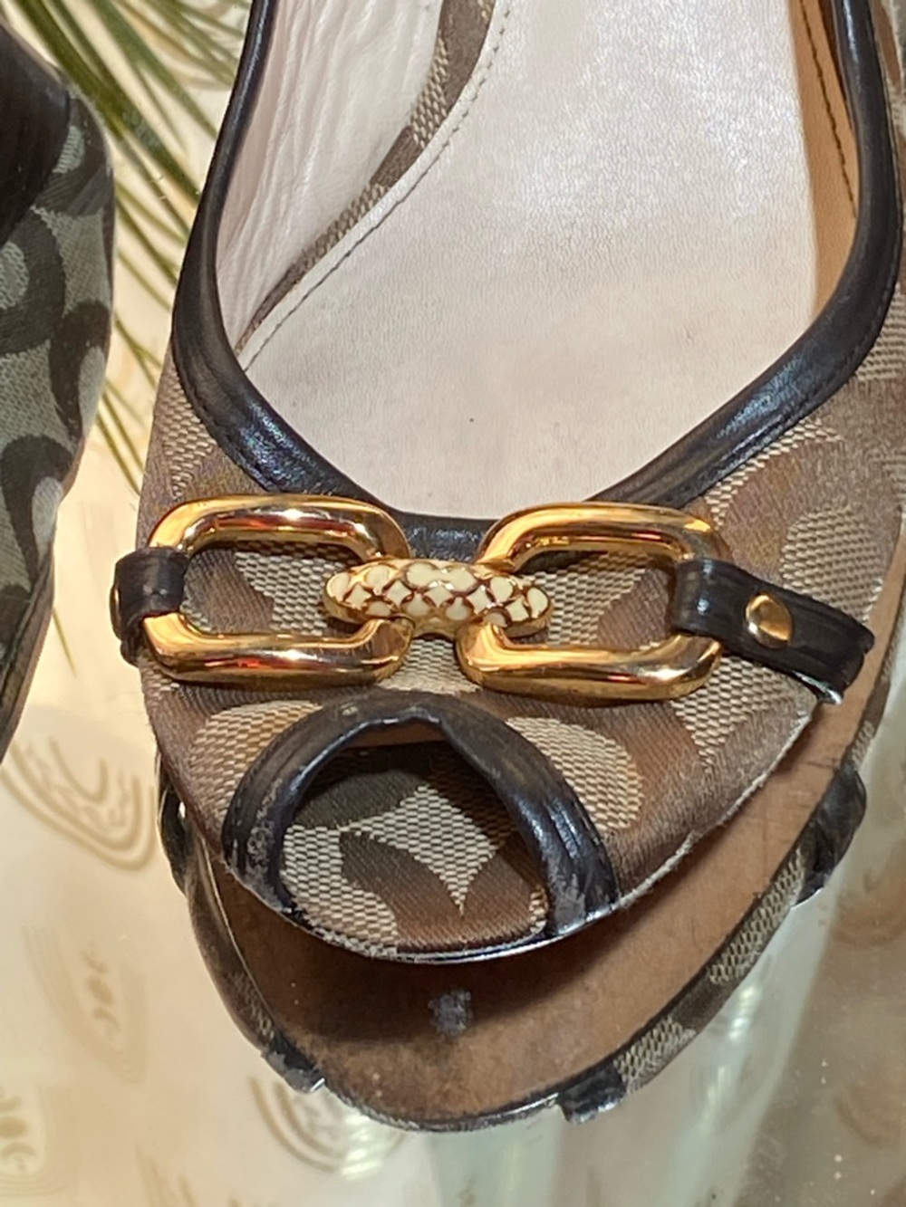 Coach Brown Signature Canvas Peep-Toe Heels with Gold Hardware - Picture 7 of 13